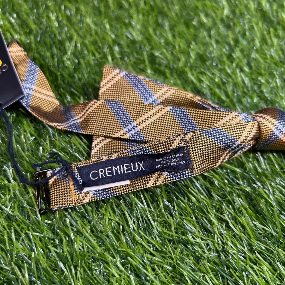Cremieux Plaid Bow Tie Mens One Size Gold Blue Silk Adjustable Self Tie NWT